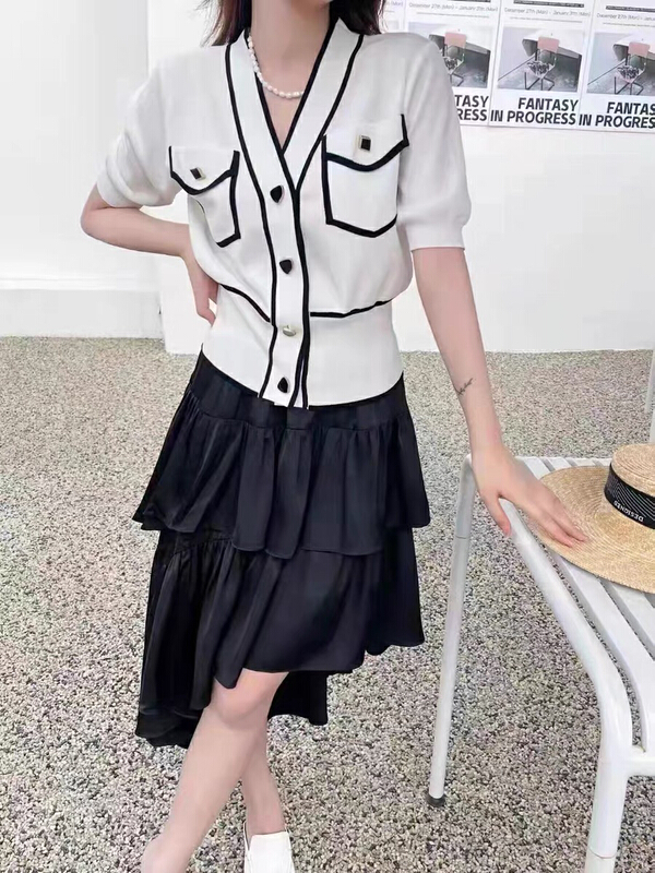[f · P] contrast color V-neck female slim knit cardigan 25049\hbx