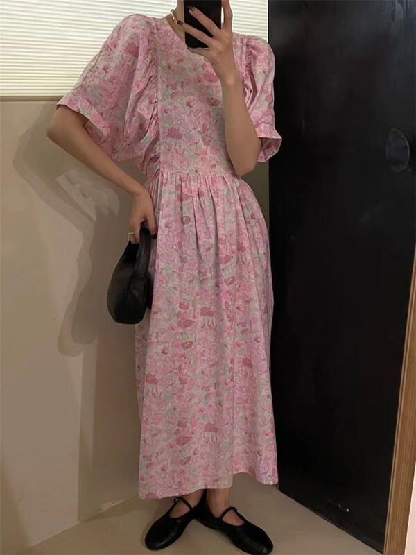 [larti] round neck pleated floral dress 8378\ll
