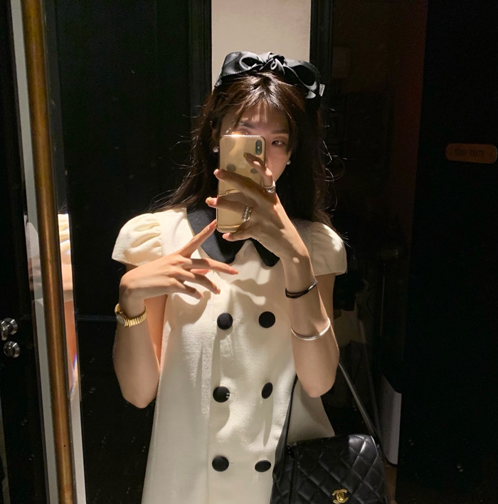 [y.jia EJA] aging contrast double breasted dress dress dress 7307\pcz