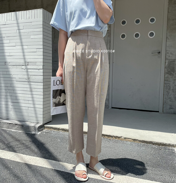 [juice] imitation hemp high waisted slim cropped trousers versatile k0010