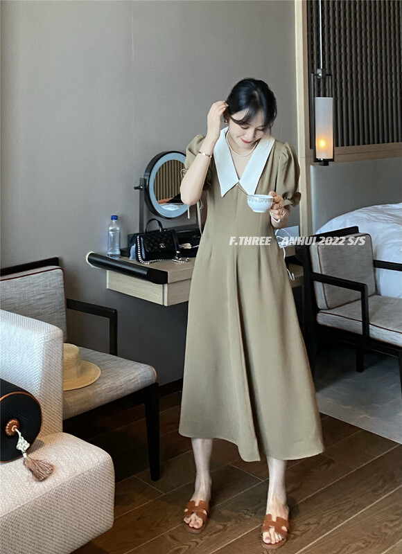 [f.three] temperament color contrast collar thin western dress 87353\xj