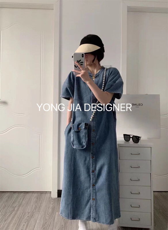 [Yong swimmer] denim breasted short sleeve dress (with bag) 0698\wtt