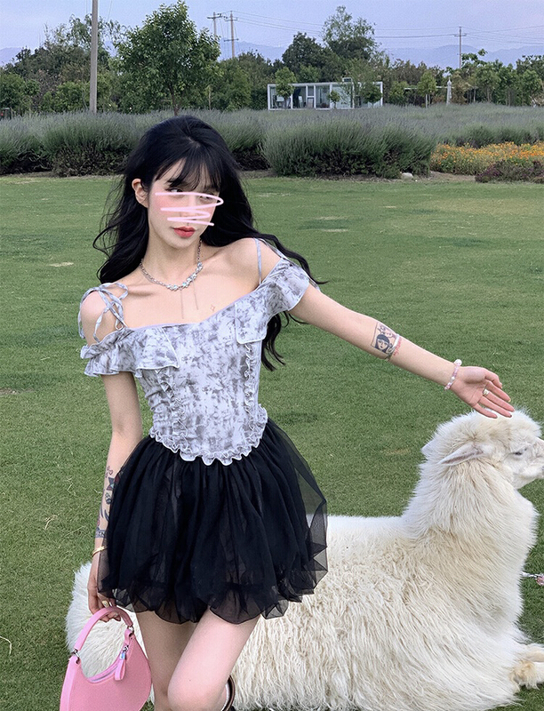 [Amanda] sweet and spicy off the shoulder skinny little patchwork fluffy dress 9639\pcz