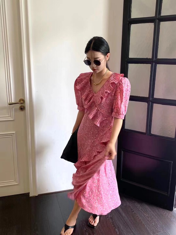 [c.h.z] Korean soft wind lotus leaf edge floral dress 78055\wtt