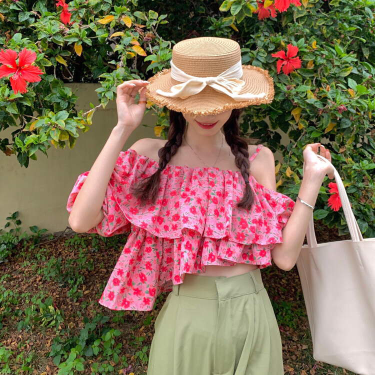 [lu+] ruffled floral off shoulder short shirt 2311\hjy