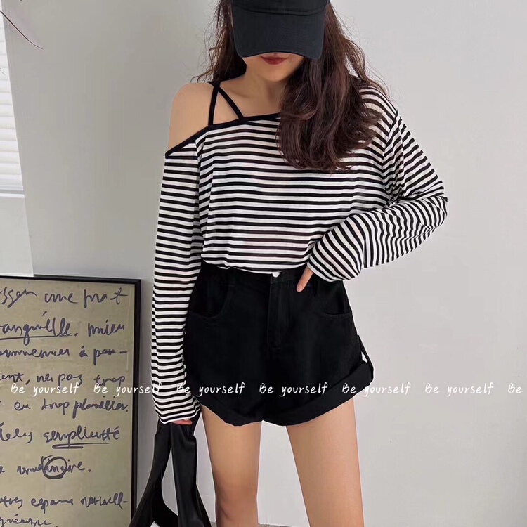 [be your self] small sexy cross off shoulder sunscreen shirt t66199\lsl