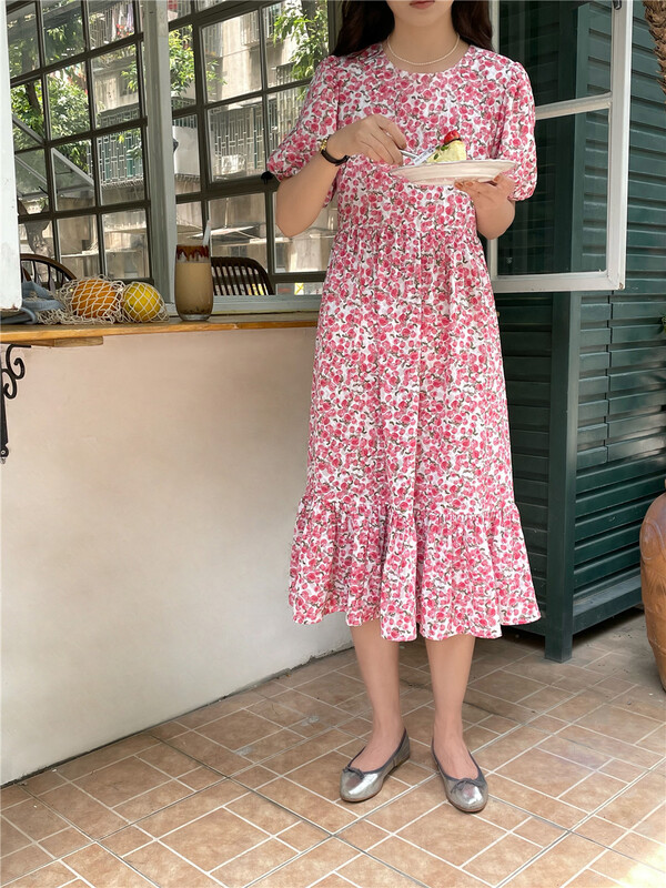 [feeding] Korean printed bubble sleeve loose dress 7876-j5\cls