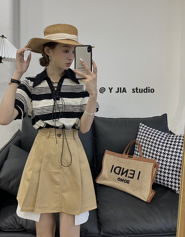 Original price 89.11! [y.jia EJA] stripe Lapel short sleeve design half set 7302\pcz