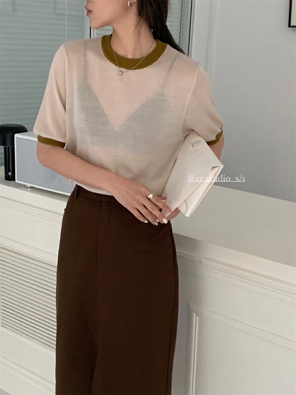 New year in early spring! [Zr] round neck contrast versatile short sleeve T-shirt 8881\xyy