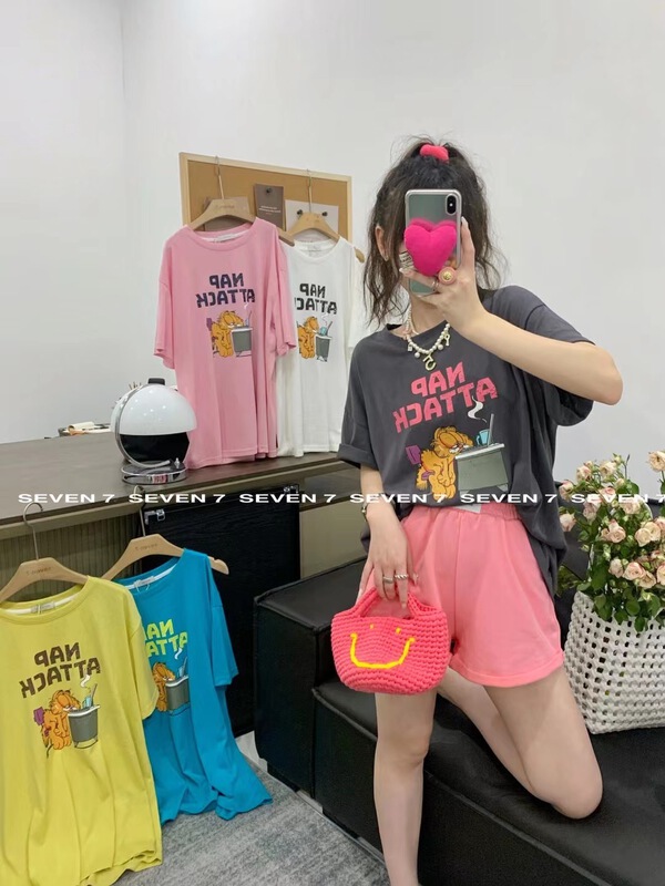 [seven 7] small hollowed out Korean letter printed short sleeve T-shirt 8219\wtt