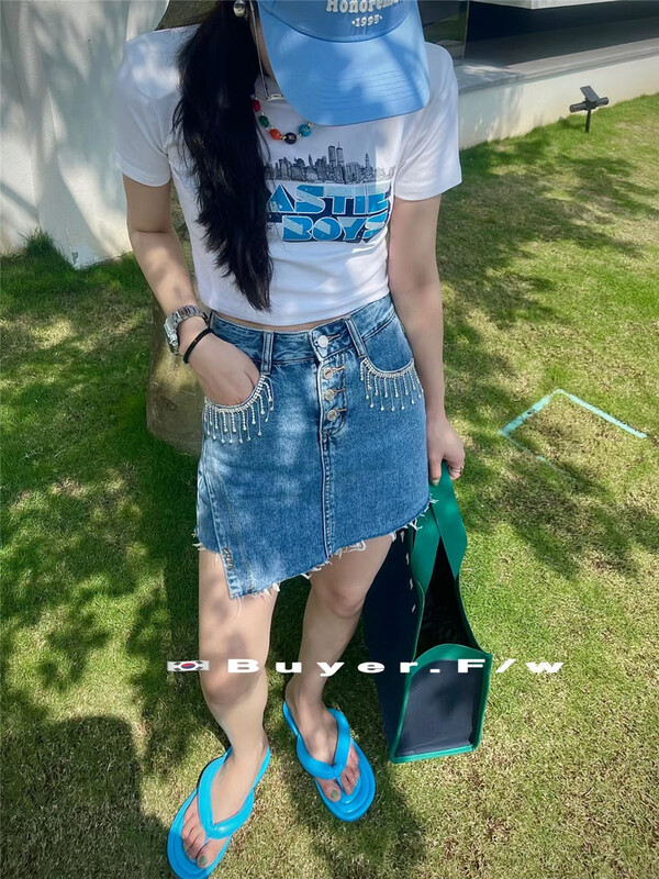 [buyer] Rhinestone fringe denim versatile skirt pants 9177\wtt