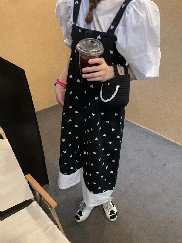 [mi ni] solid color bubble sleeve short sleeve T-shirt + cowboy Love Print strap skirt set 1274\pcz