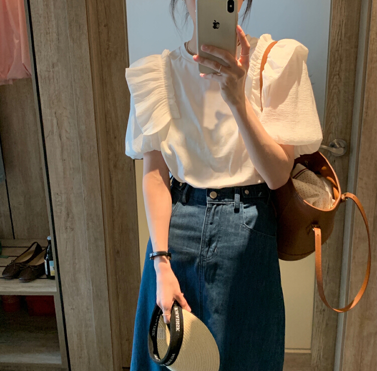 [y.jia EJA] simple round neck bubble sleeve shirt ys1-1061\pcz