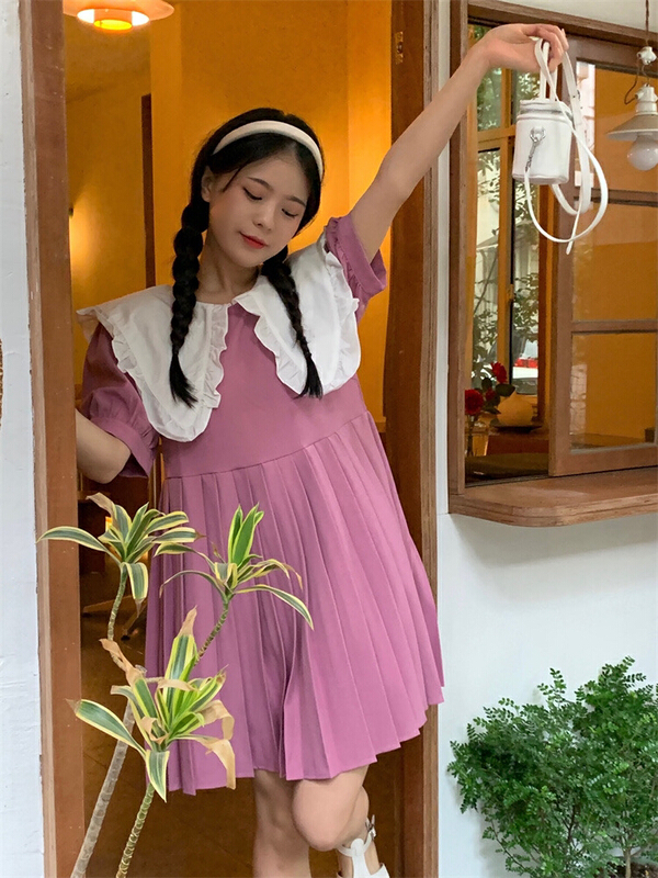 [dolly] contrast color loose college style age reduced Pleated Dress 4577\pcz