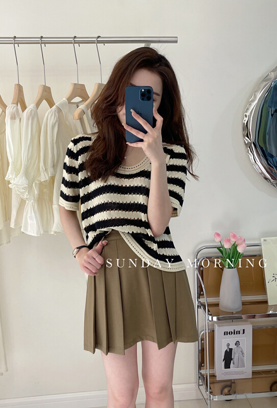 [Sunday morning] fresh stripe loose short sleeve shirt 6705\zjy