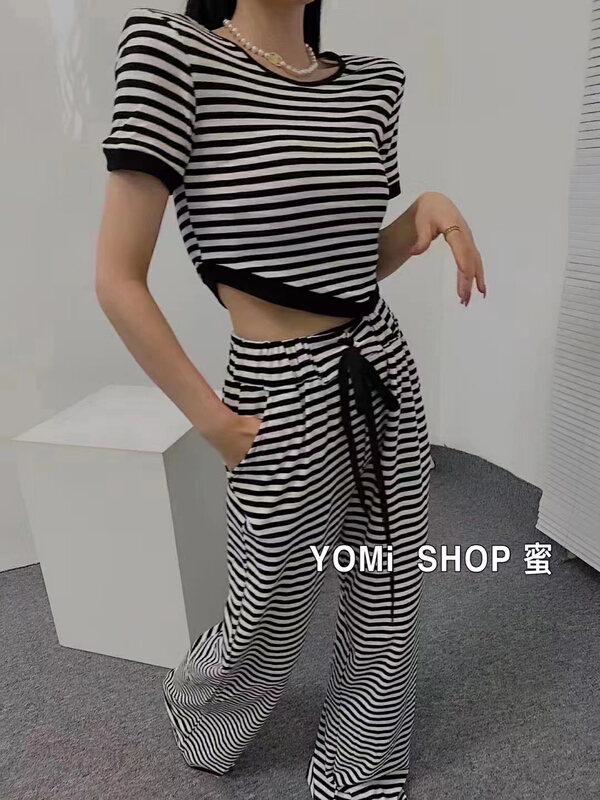 [top] round neck stripe short sleeve T-shirt + drawstring casual pants set ys1-7002\zjy