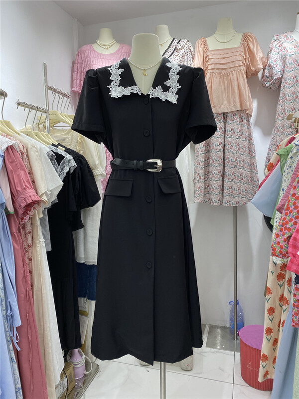 [Mimosa] temperament lace flower collar dress (with belt) 1326\hjy