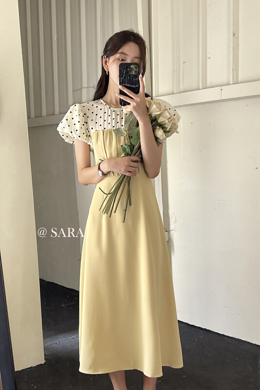 [Sara] French sweet wave dot stitching waist band dress 18008\lwy