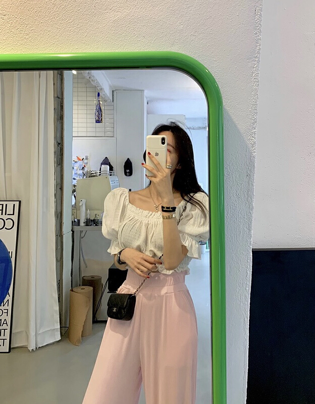 [savage] New Korean style square neck pleated elastic bubble sleeve in summer with a slim waist short shirt e-8606\wpl