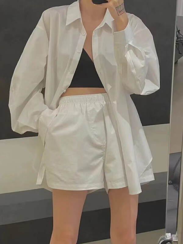 [East room] Korean loose net color shirt + elastic waist casual Shorts Set 9367\wtt