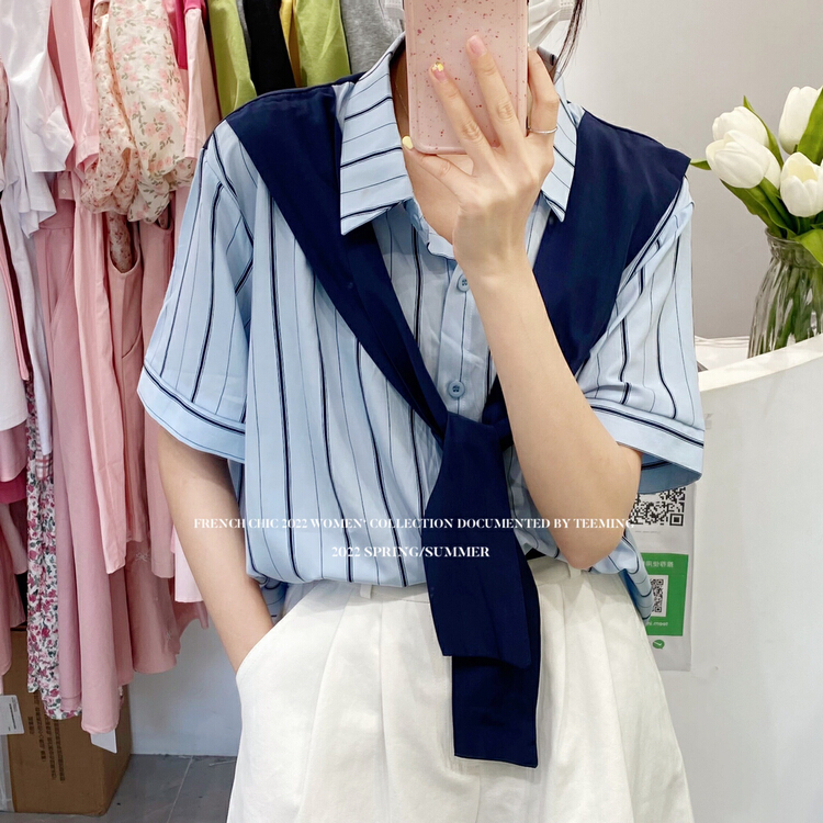 [tea ing] ins stripe fake two piece shawl shirt 22t332\hjy