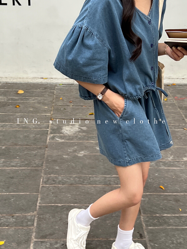 [ing] V-neck drawstring comfortable shirt + high waist and wide leg casual Shorts Set ing-7745\hbx