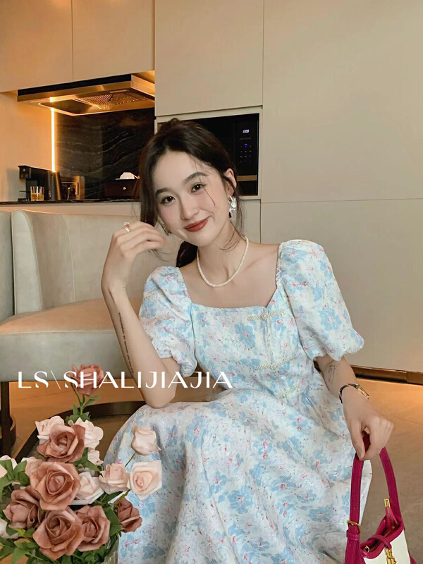 [LS] Korean lady square neck bubble sleeve floral dress 2683\jhy