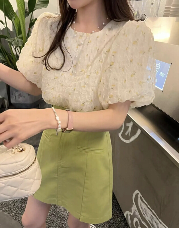 [JH] net red Xiaoxiang Lantern Sleeve Top + hip wash skirt suit (only suit) 41895\pcz