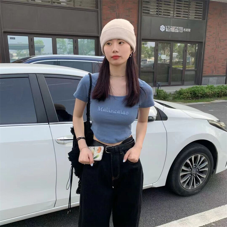 [free Valley] square neck letter embroidered Korean shirt 4730\lsw