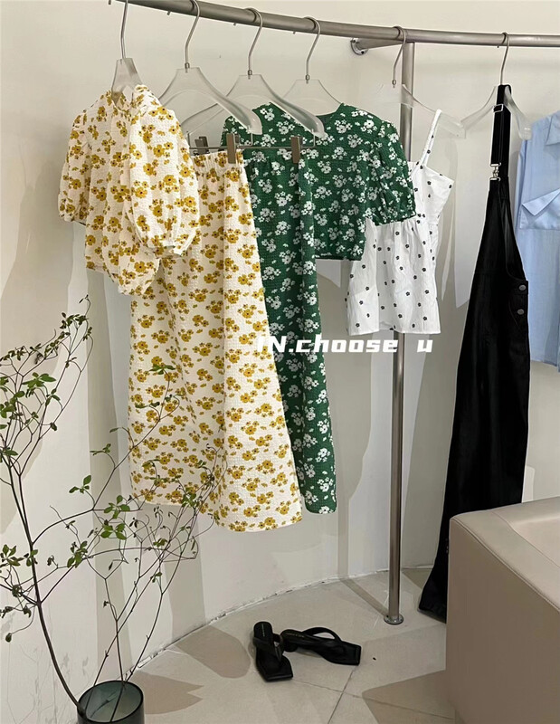 [in.choose u] sweet printed bubble sleeve short shirt + slim skirt two piece suit 66266\cqw