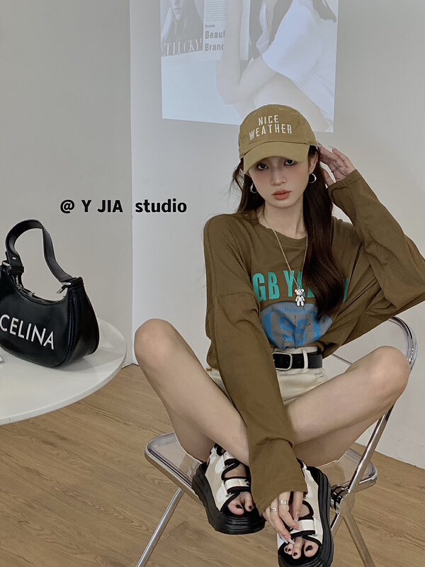 [y.jia EJA] sunscreen letter printed long sleeve T-shirt + simple and versatile Shorts Set (with belt) 3367\pcz
