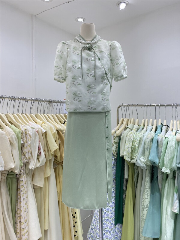 [u.me] Chinese style stand collar printed blouse + sling simple dress set 37031\hjy