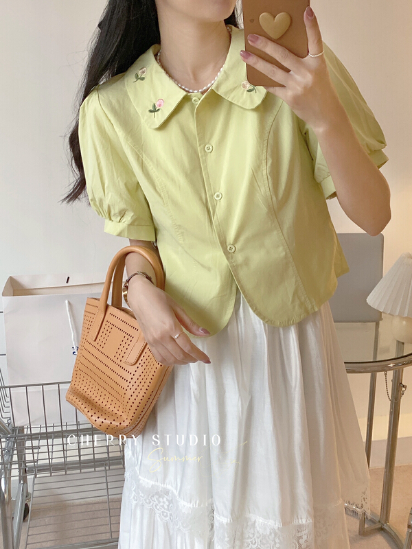 [cherry studio] Korean sweet Embroidered Flower Baby collar shirt 5254\hbx