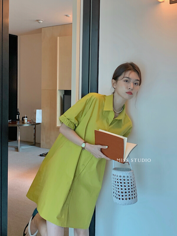 【 miss miss miss home 】 Korean style simple shirt dress with cuffs f2251\zsy
