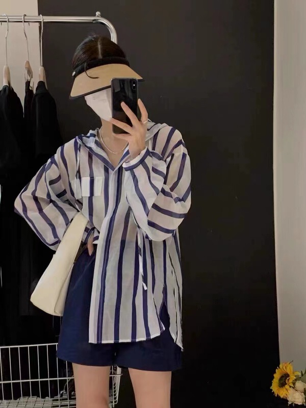 [jelly house] Korean loose striped Hooded Shirt + versatile casual Shorts Set 9035\hbx