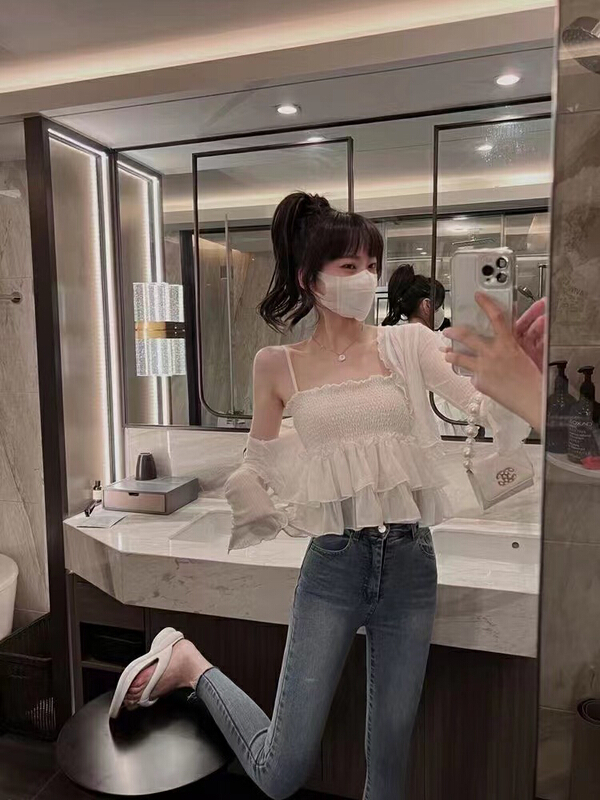 [Danling] simple and fashionable suspender Vest + small and versatile shirt set 1130\pcz