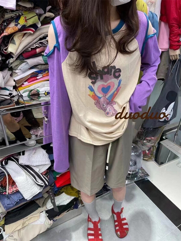 [yoyo style] casual simple color block off shoulder long sleeve T-shirt 8583\xyy