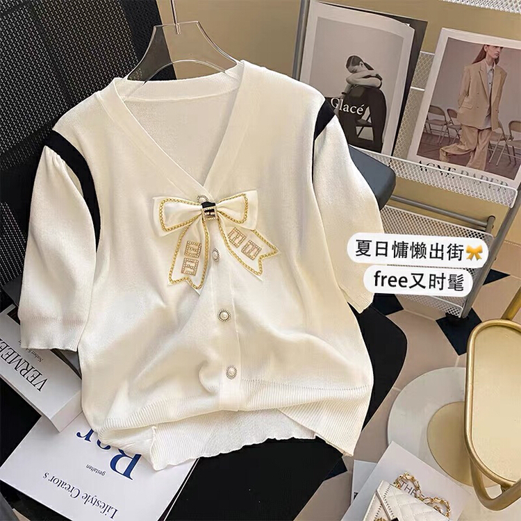 In early summer! [f · P] small fragrance V-neck button knit cardigan (with detachable bow) h50-1\hbx