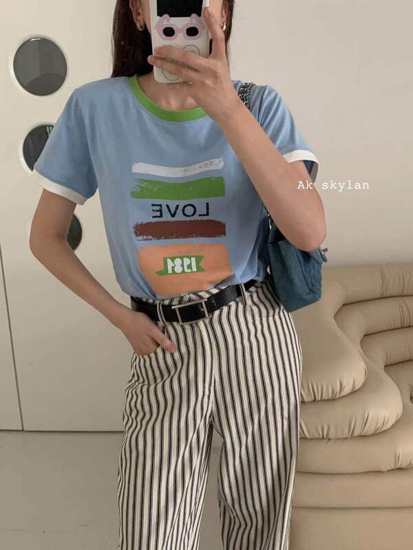 [A.K skylan] contrast fashion letter short sleeve T-shirt 82679\zxl