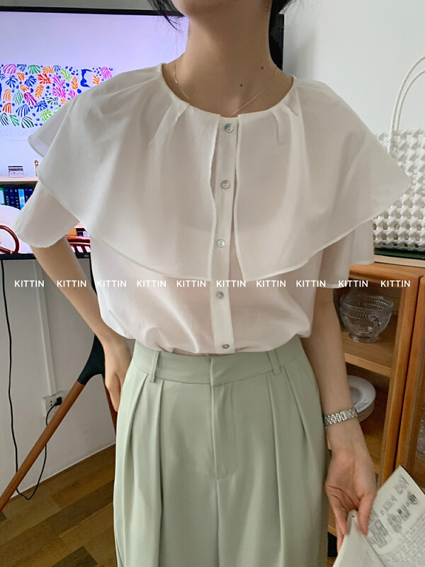 【 Kittin 】 Korean version large collar Tencel short sleeve shirt 8559