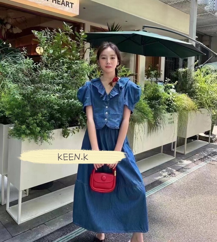 [K2 design] Korean lotus leaf lace linen cotton top +a-hem denim skirt set tz78\wtt