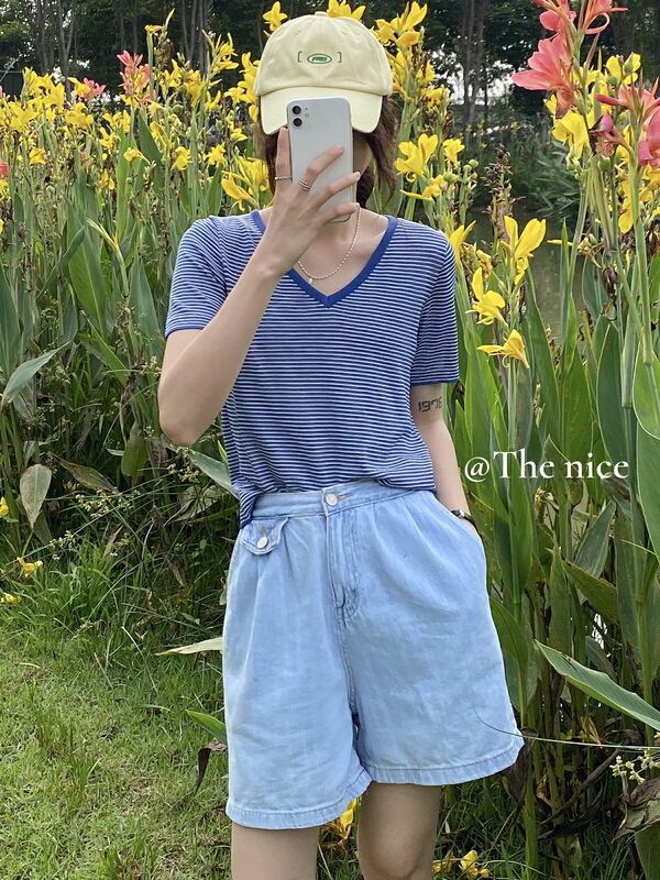 [the nice] ice silk V-neck stripe shirt 00313\hjy