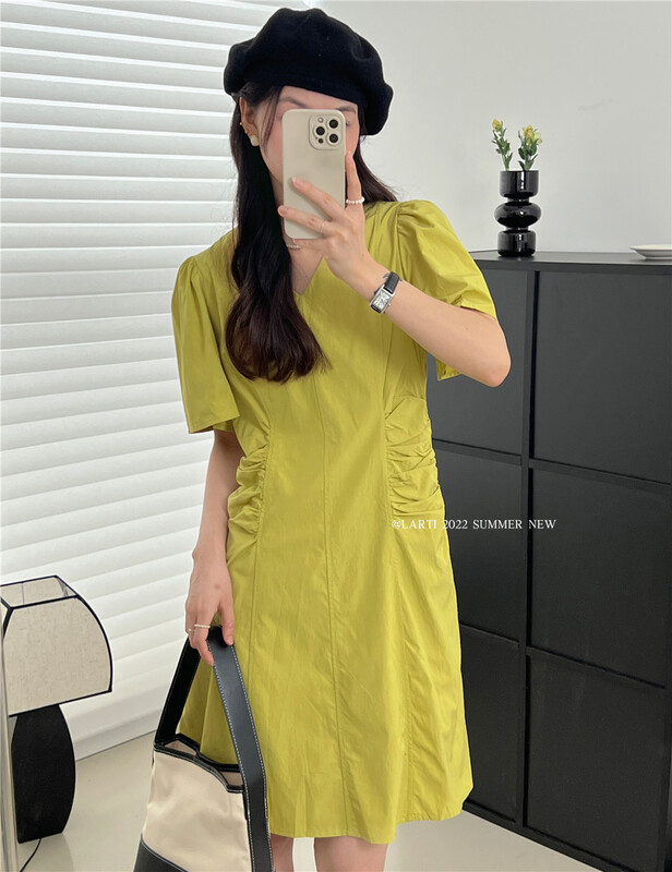 [larti] V-neck lady Pleated Dress 88120\ll