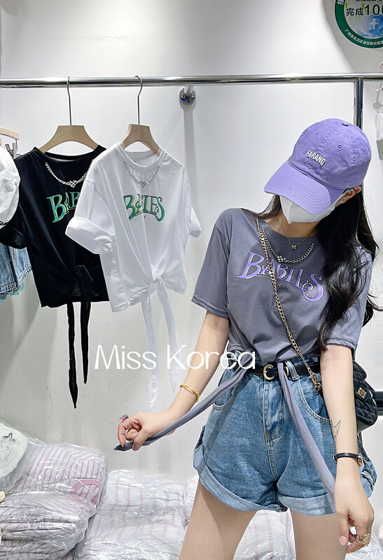 [Miss Korea] bandage featured fashion short sleeve T-shirt (excluding matching) 6852\hbx
