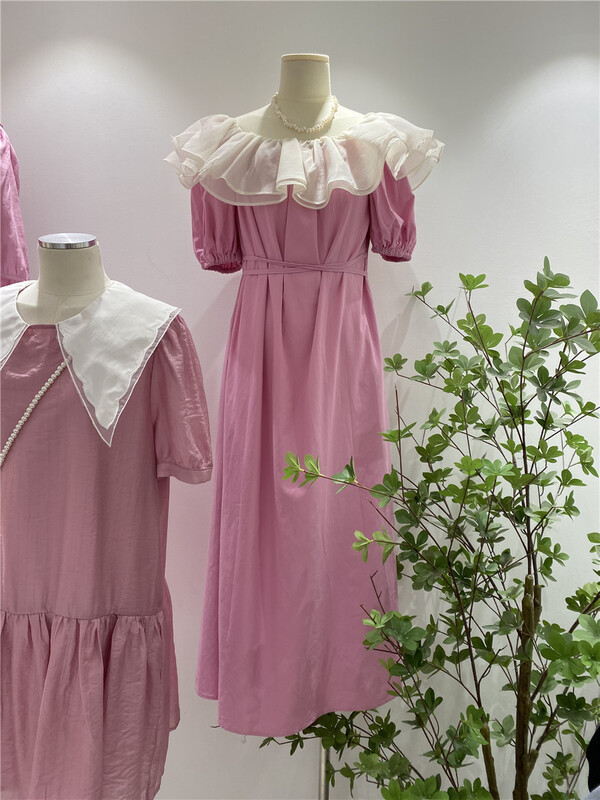 [sunny] Korean sweet lotus leaf collar high waist dress 1969\hjy