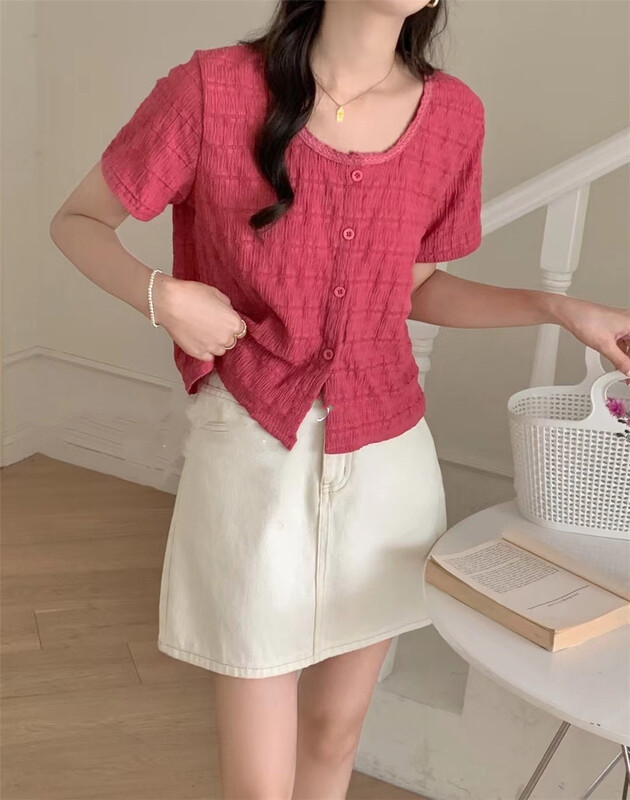 【E】 Round Neck Lace sweet and gentle blouse 033\y