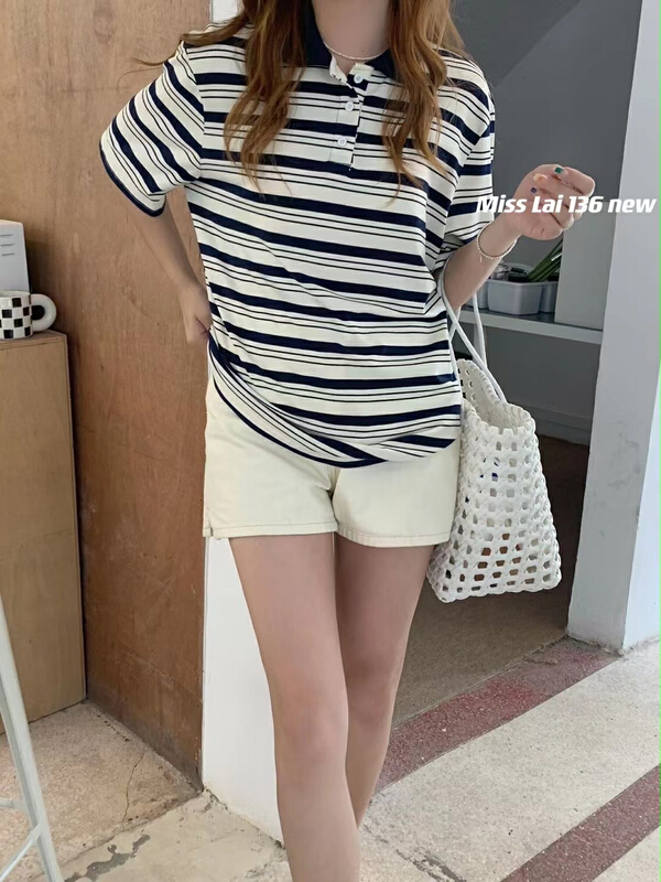 [HH &miss Lai] Polo neck stripe loose short sleeve T-shirt 136\l