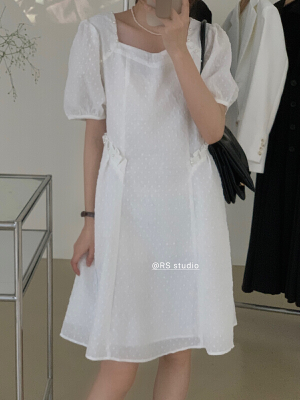 [RS] fresh and simple square neck beaded dress rs1823\xyy
