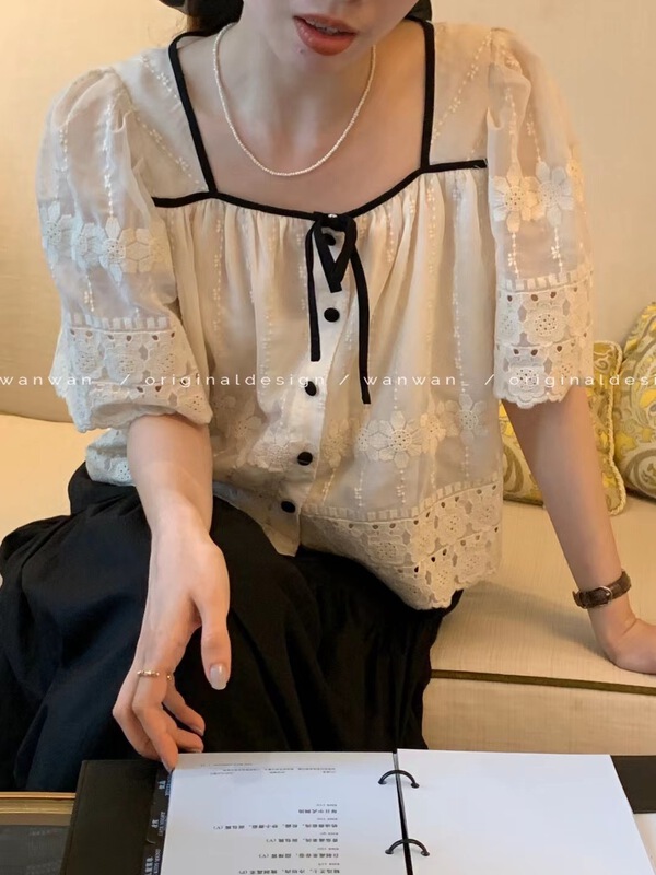 [wanwan] square neck color contrast single breasted shirt 6775\hbx