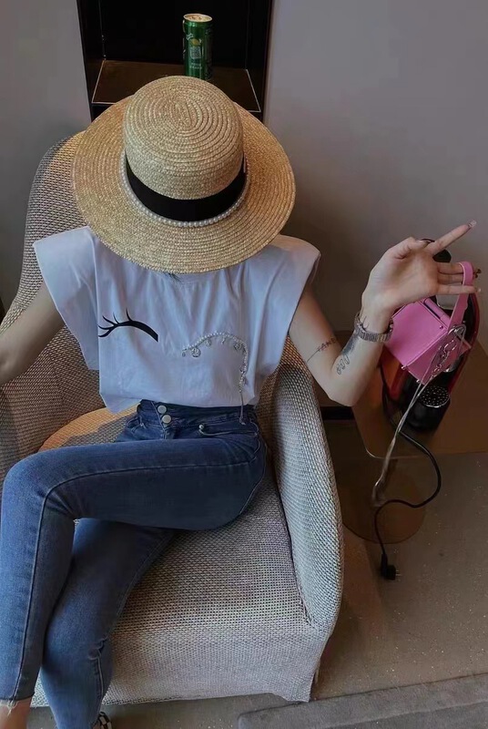 [buyer] pearl decoration shoulder pad loose short sleeve T-shirt 0520\wtt